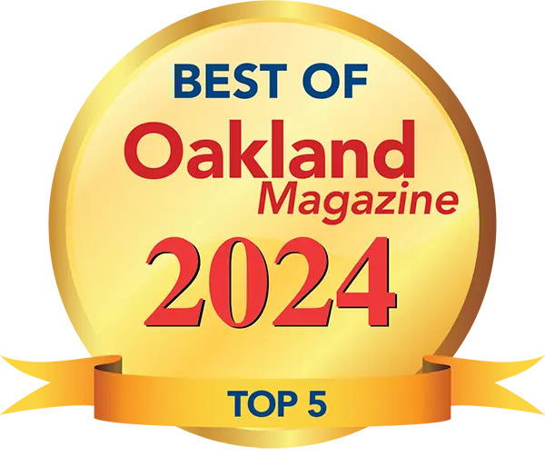 Gold badge with "Best of Oakland Magazine 2024 Top 5" in bold red and blue text. - Elixir Salon | Berkeley, CA